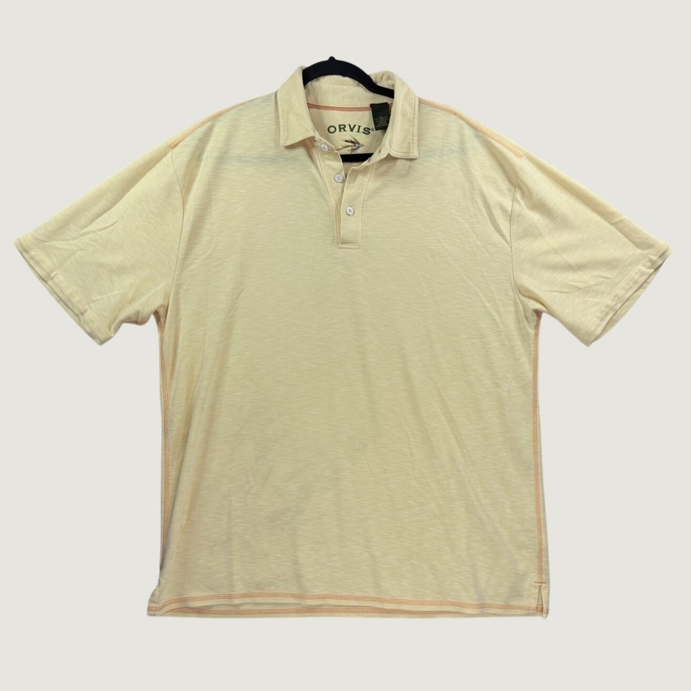 Orvis Polo Shirt Mens Large Yellow Excellent Tencel‎ Slub Knit Short Sleeve
